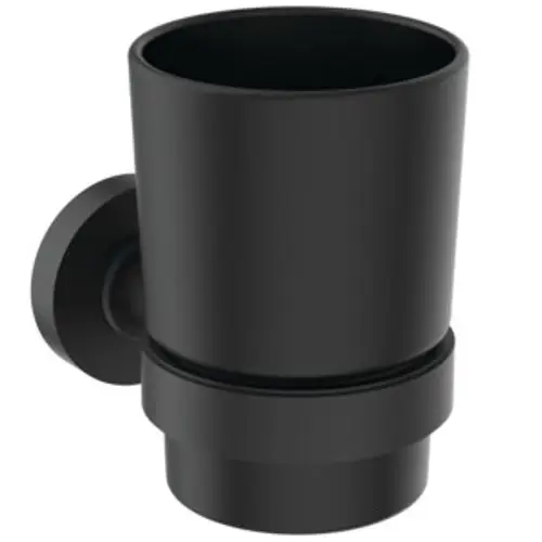 Schwarzer Zahnbecher aus satiniertem Glas, montierbar. Beispiel für Badzubehör der Marke Ideal Standard.